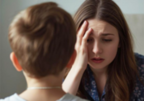 A mother rubbing her head facing her child with maladaptive behavioral problems
